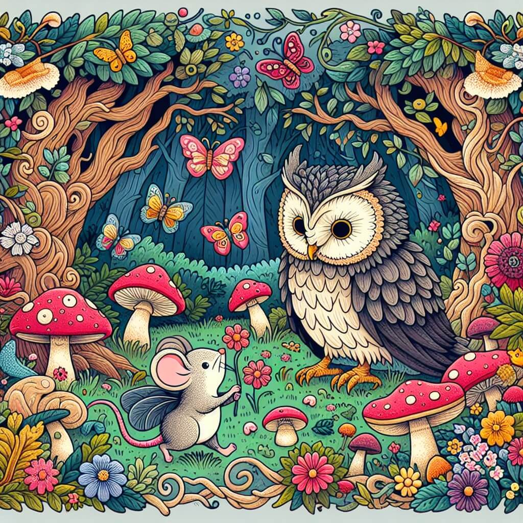 Une illustration destinée aux enfants représentant une petite souris aventureuse, rencontrant un sage vieux hibou, dans une forêt enchantée remplie de fleurs colorées, de champignons magiques et de papillons virevoltants.