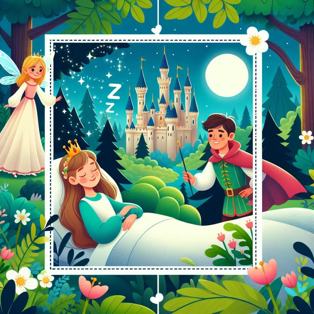 Une illustration destinée aux enfants représentant une jeune princesse endormie dans un château ensorcelé au cœur d'une forêt enchantée, accompagnée d'un courageux prince et d'une fée bienveillante, tous déterminés à briser la malédiction et à réinventer le conte classique de La Belle au bois dormant.