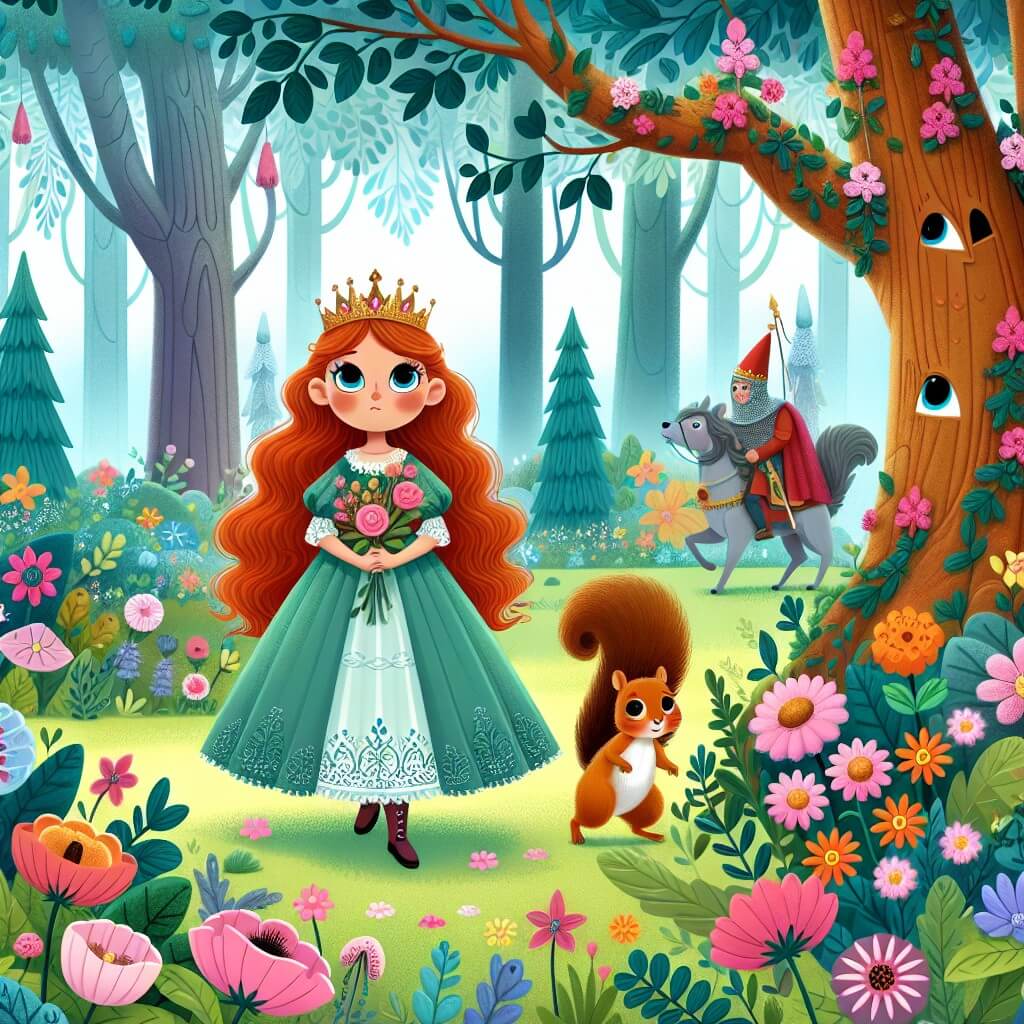 Une illustration destinée aux enfants représentant une princesse courageuse, perdue dans une forêt enchantée, accompagnée d'un petit écureuil, dans un royaume féerique rempli de fleurs aux couleurs éclatantes et d'arbres majestueux.