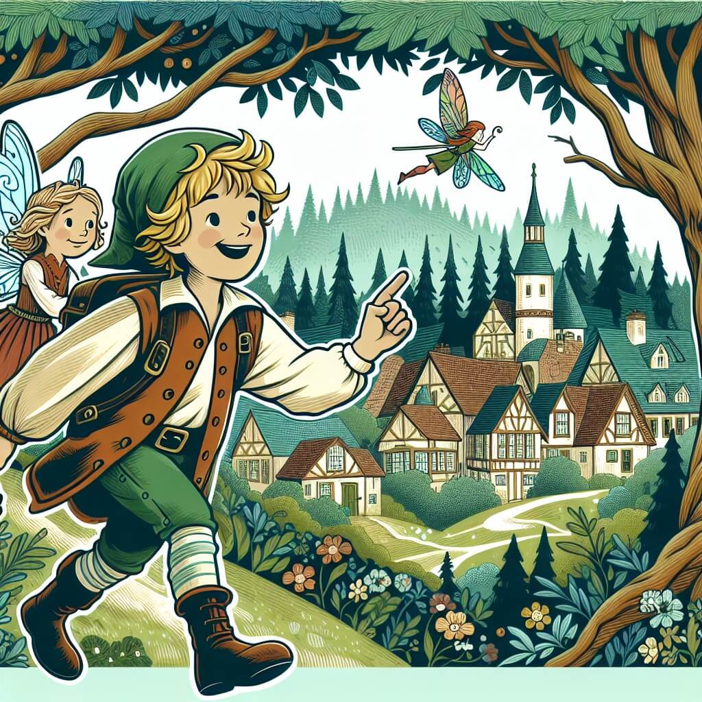 Une illustration destinée aux enfants représentant un jeune garçon intrépide, accompagné d'une fée des forêts, partant à l'aventure à travers un village pittoresque entouré de majestueux arbres enchantés.