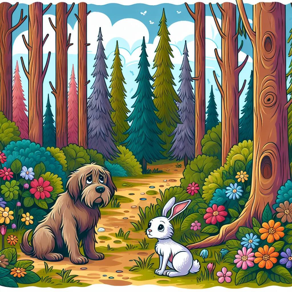 Une illustration destinée aux enfants représentant un chien abandonné, perdu dans une forêt enchantée, accompagné d'un lapin sage, à la recherche d'un foyer chaleureux, entouré de grands arbres majestueux et de fleurs colorées.