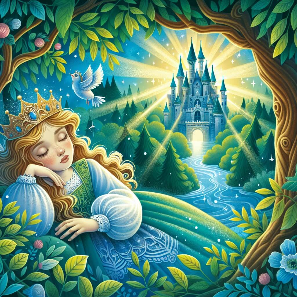 Une illustration destinée aux enfants représentant une jeune princesse ensorcelée, plongée dans un profond sommeil, avec pour seule compagnie un charmant oiseau bleu, dans un somptueux château caché au cœur d'une forêt enchantée, où les rayons du soleil filtrent à travers les feuilles des arbres, créant une ambiance magique.