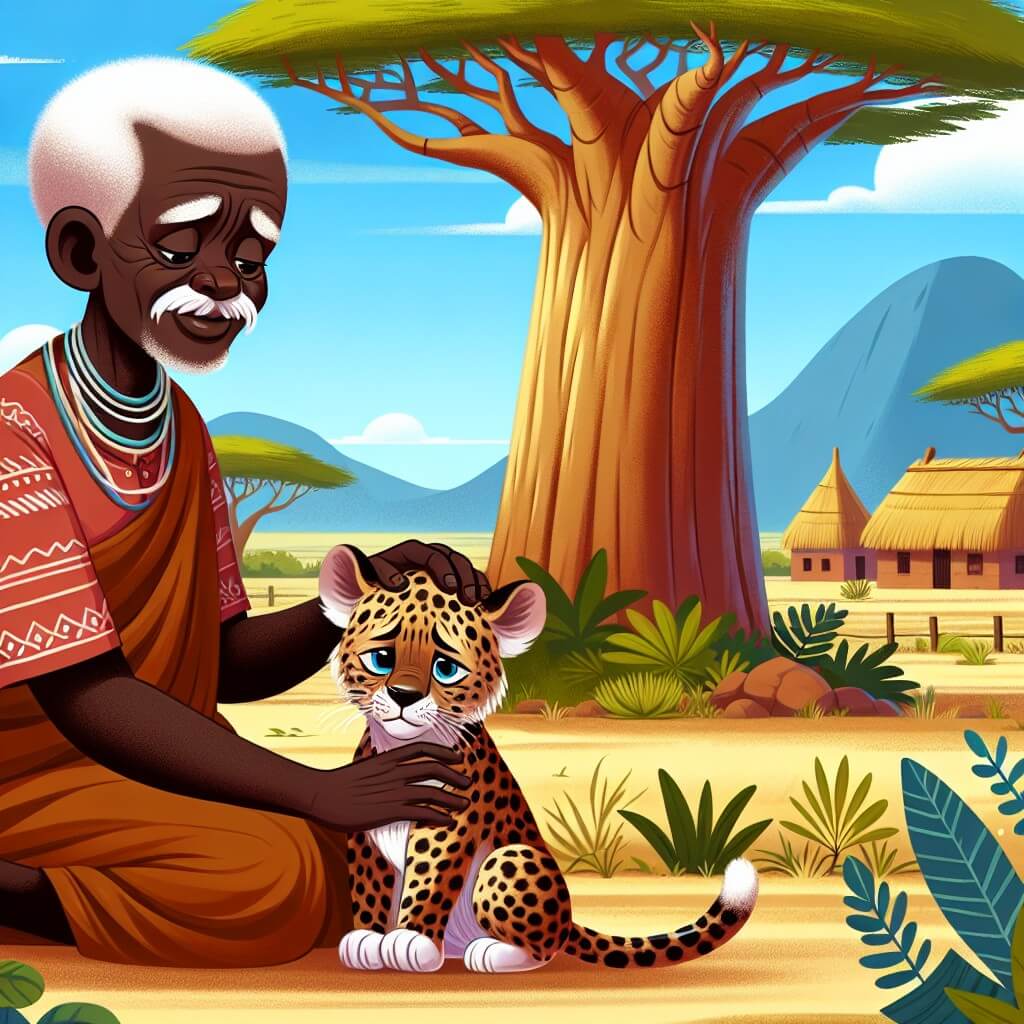 Une illustration destinée aux enfants représentant un homme sage et bienveillant, accompagné d'un jeune léopard triste, dans un village africain bordé par une savane luxuriante et un majestueux baobab.