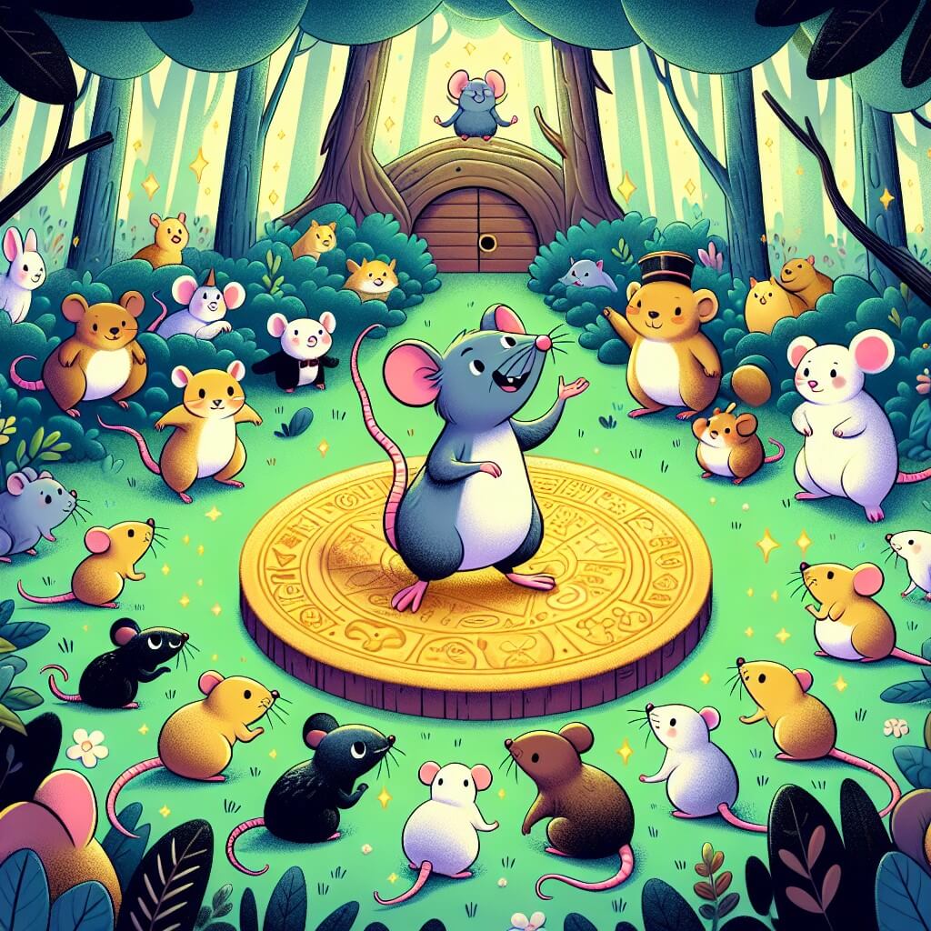 Une illustration destinée aux enfants représentant un rat malicieux, se trouvant dans une forêt enchantée, accompagné d'un joyeux groupe d'animaux, dans une aventure pleine de mystère et d'amitié.