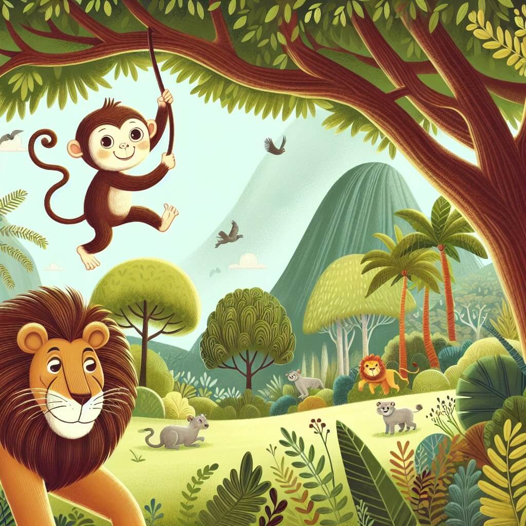 Une illustration destinée aux enfants représentant un singe curieux et espiègle, se balançant d'arbre en arbre dans une forêt luxuriante, accompagné d'un lion aimable à la crinière majestueuse, découvrant ensemble un monde enchanté rempli d'animaux merveilleux et de paysages colorés.