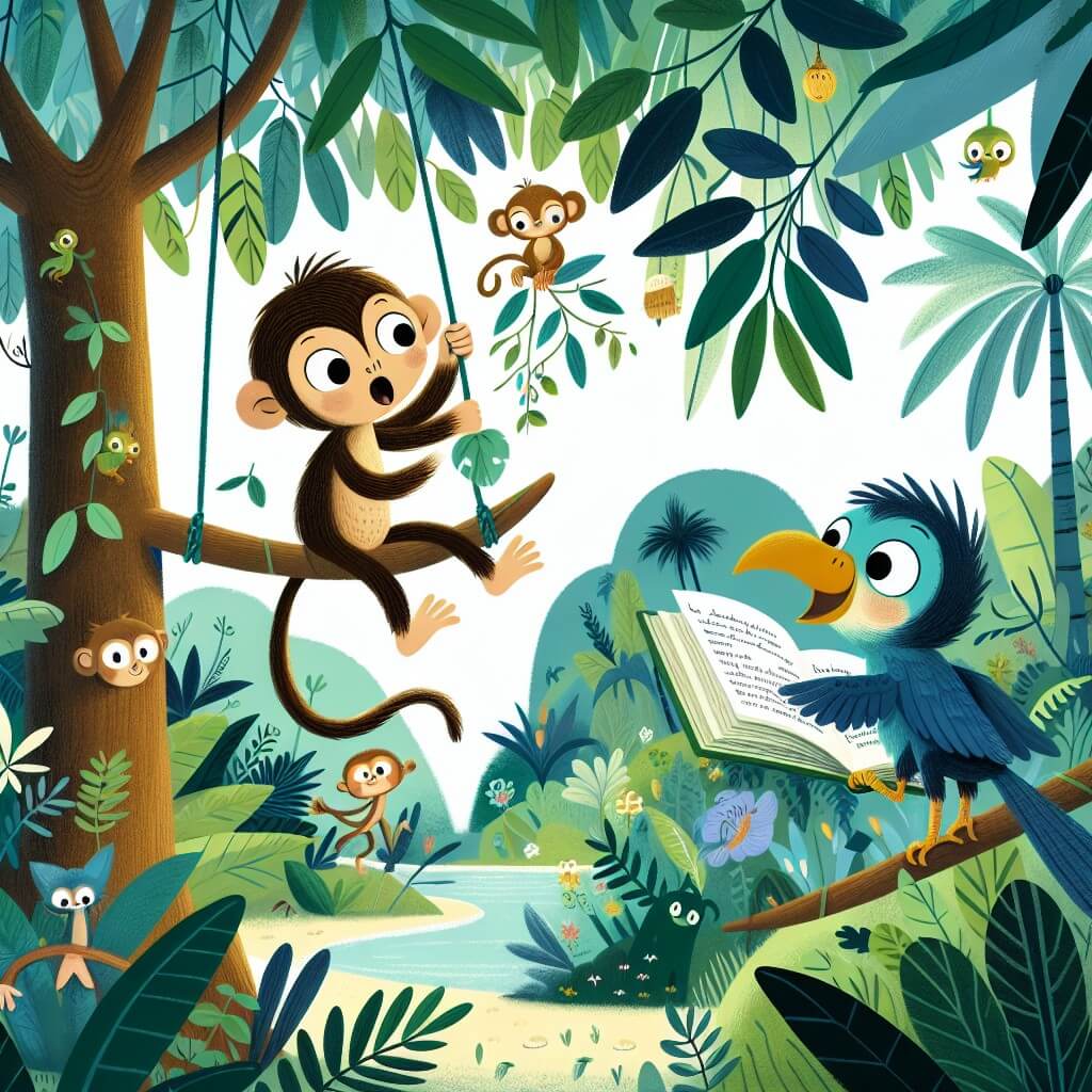 Une illustration destinée aux enfants représentant un petit singe curieux se balançant d'arbre en arbre dans une forêt tropicale luxuriante, accompagné d'un oiseau parlant, à la découverte d'un royaume enchanté rempli de créatures magiques.