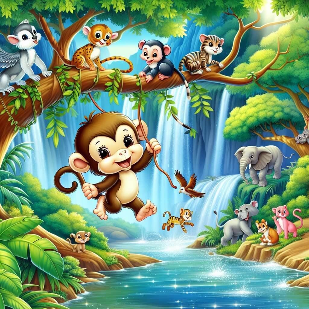 Une illustration destinée aux enfants représentant une adorable petite singe curieuse se balançant joyeusement d'arbre en arbre, accompagnée de ses amis animaux, à la recherche d'un trésor caché dans une luxuriante jungle africaine, avec des cascades scintillantes et des arbres majestueux.