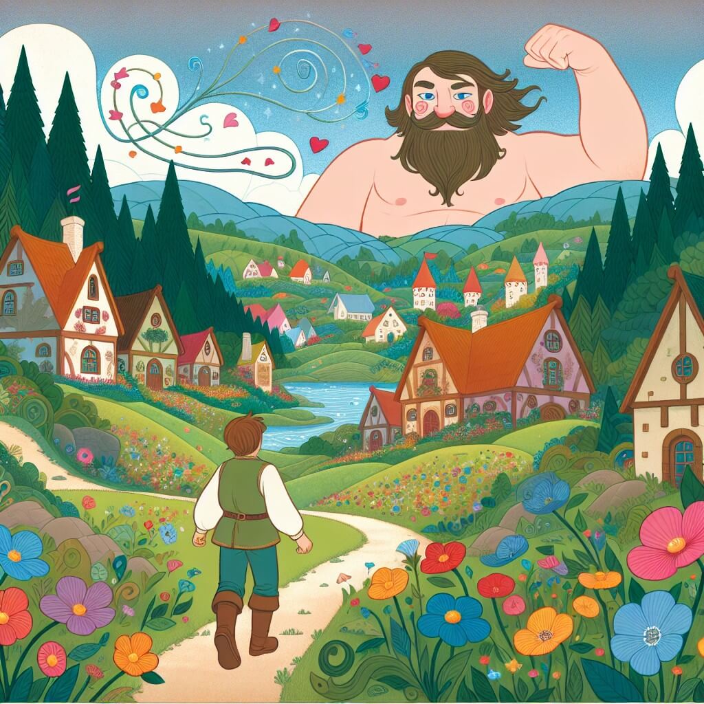 Une illustration destinée aux enfants représentant un géant bienveillant, accompagné d'un jeune explorateur, découvrant un village enchanté rempli de fleurs colorées et dansant au rythme d'un vent magique, dans un paysage féérique et luxuriant.