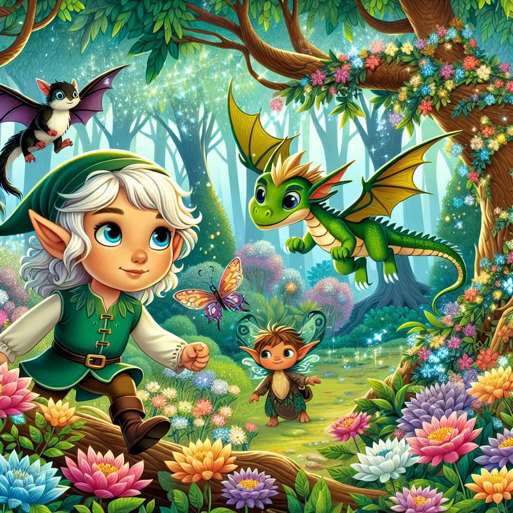 Une illustration destinée aux enfants représentant une elfe curieuse et espiègle, découvrant un monde enchanté peuplé de créatures fantastiques, accompagnée d'un petit dragon, dans une forêt luxuriante remplie de fleurs multicolores et d'arbres majestueux aux feuilles scintillantes.