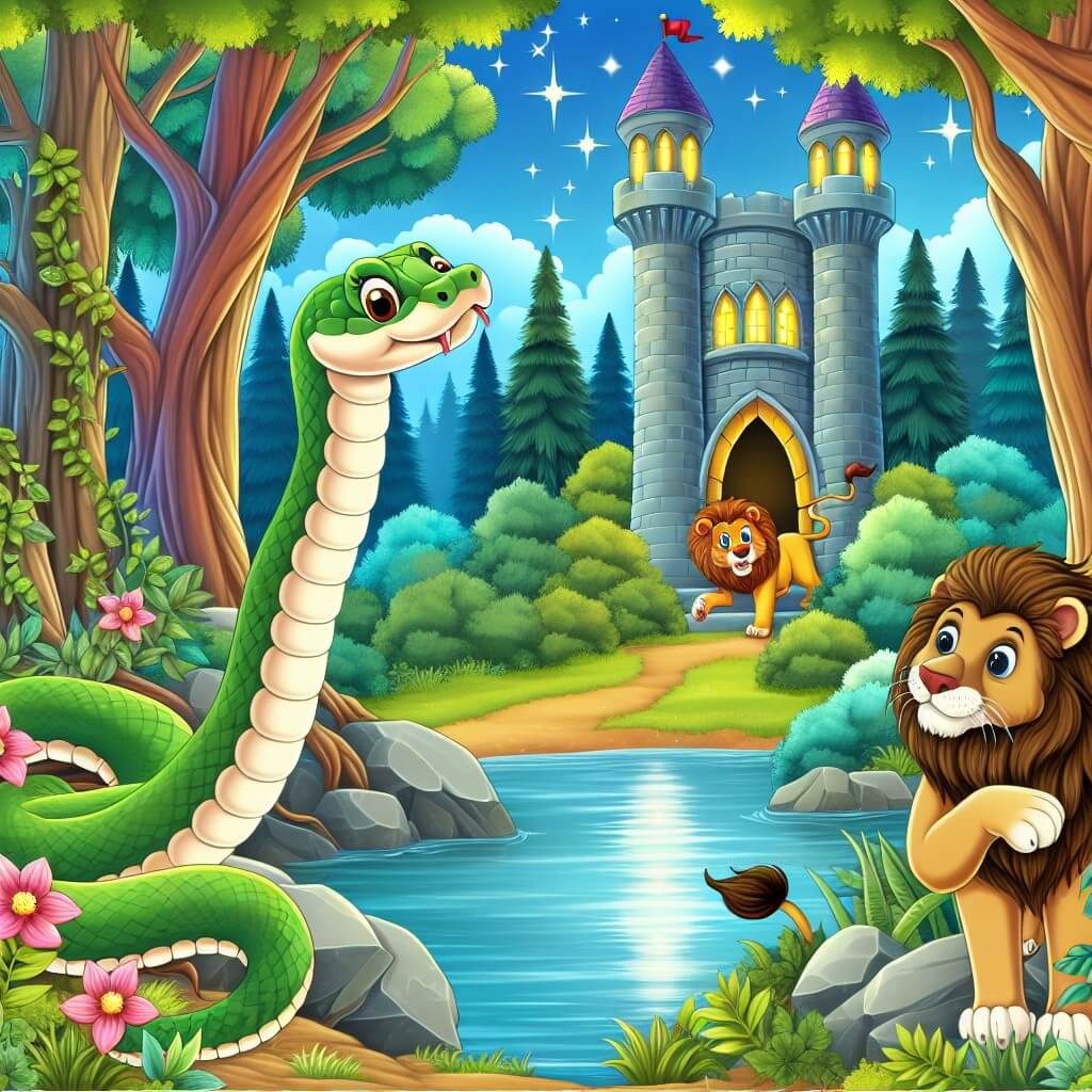 Une illustration destinée aux enfants représentant un serpent curieux, se retrouvant dans une mystérieuse tour enchantée, accompagné d'une leonessa, au milieu d'une forêt luxuriante avec des arbres majestueux et un lac scintillant.