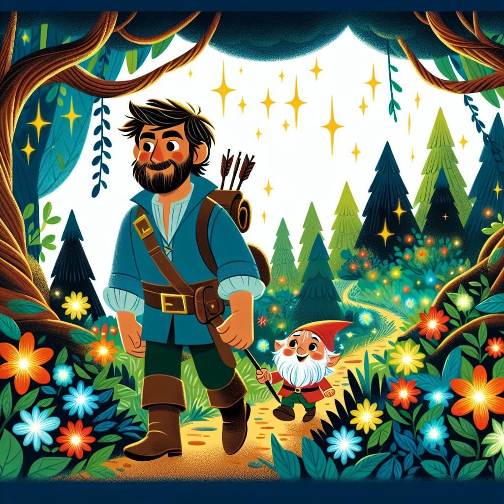 Une illustration destinée aux enfants représentant un homme courageux et intrépide, se retrouvant dans une forêt enchantée en compagnie d'un petit lutin facétieux, entourés d'arbres majestueux aux feuilles scintillantes et de fleurs lumineuses aux couleurs chatoyantes.