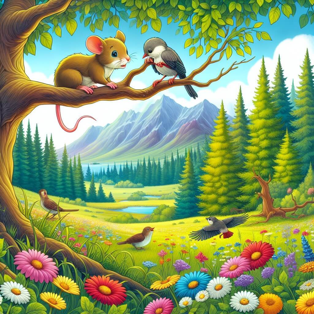 Une illustration destinée aux enfants représentant une petite souris curieuse se trouvant au sommet d'un arbre, découvrant un oiseau blessé, avec en toile de fond un magnifique pré rempli de fleurs colorées et d'arbres majestueux.