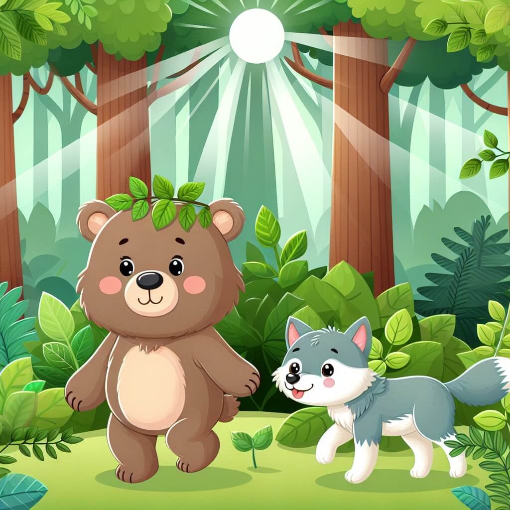 Une illustration destinée aux enfants représentant un ourson courageux, accompagné d'un éventuel ami loup, dans une forêt luxuriante où les rayons du soleil filtrent à travers les feuilles verdoyantes.