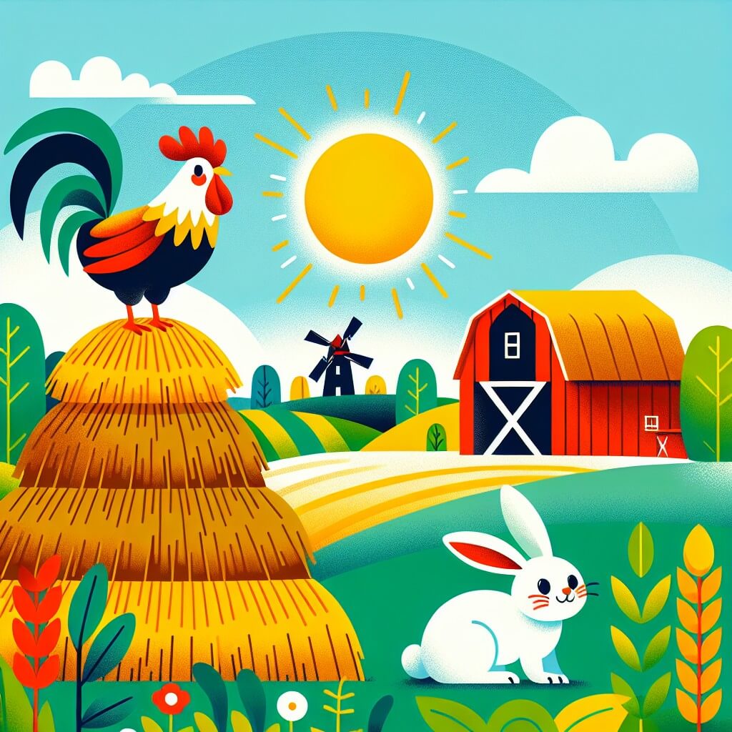 Une illustration destinée aux enfants représentant un fier coq, perché sur un tas de foin, accompagné d'un joyeux lapin, dans une ferme colorée avec des champs verdoyants et un grand soleil brillant dans le ciel bleu.