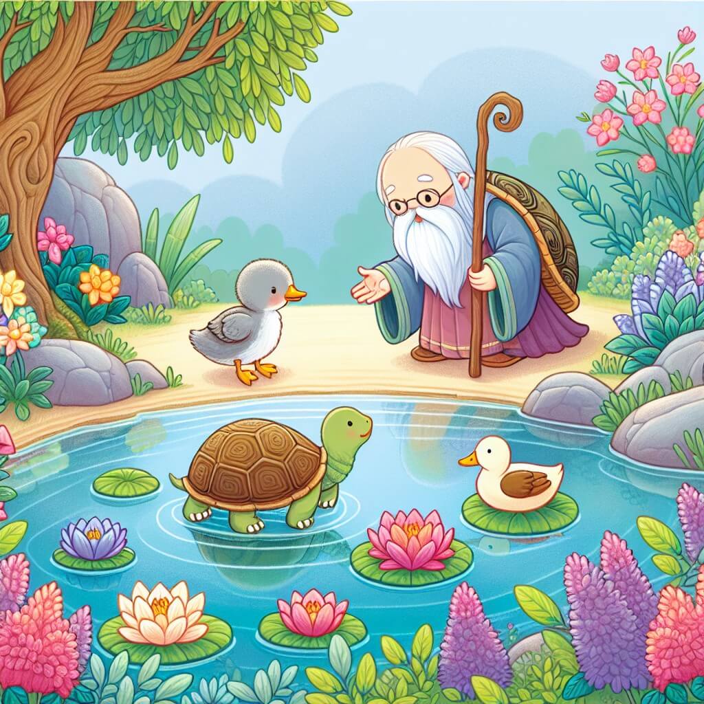 Une illustration destinée aux enfants représentant un petit canard gris solitaire, se tenant au bord d'un étang enchanté entouré de fleurs colorées, qui rencontre une vieille tortue sage et bienveillante.