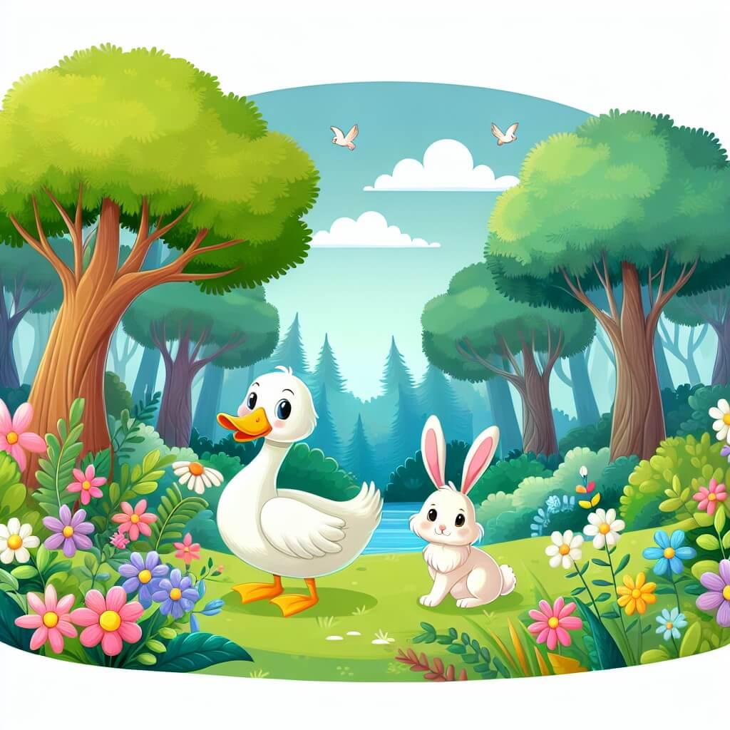 Une illustration destinée aux enfants représentant un adorable canard gracieux, égaré dans une forêt enchantée, accompagné d'un lapin malicieux, dans un paysage luxuriant avec des arbres majestueux et des fleurs colorées.