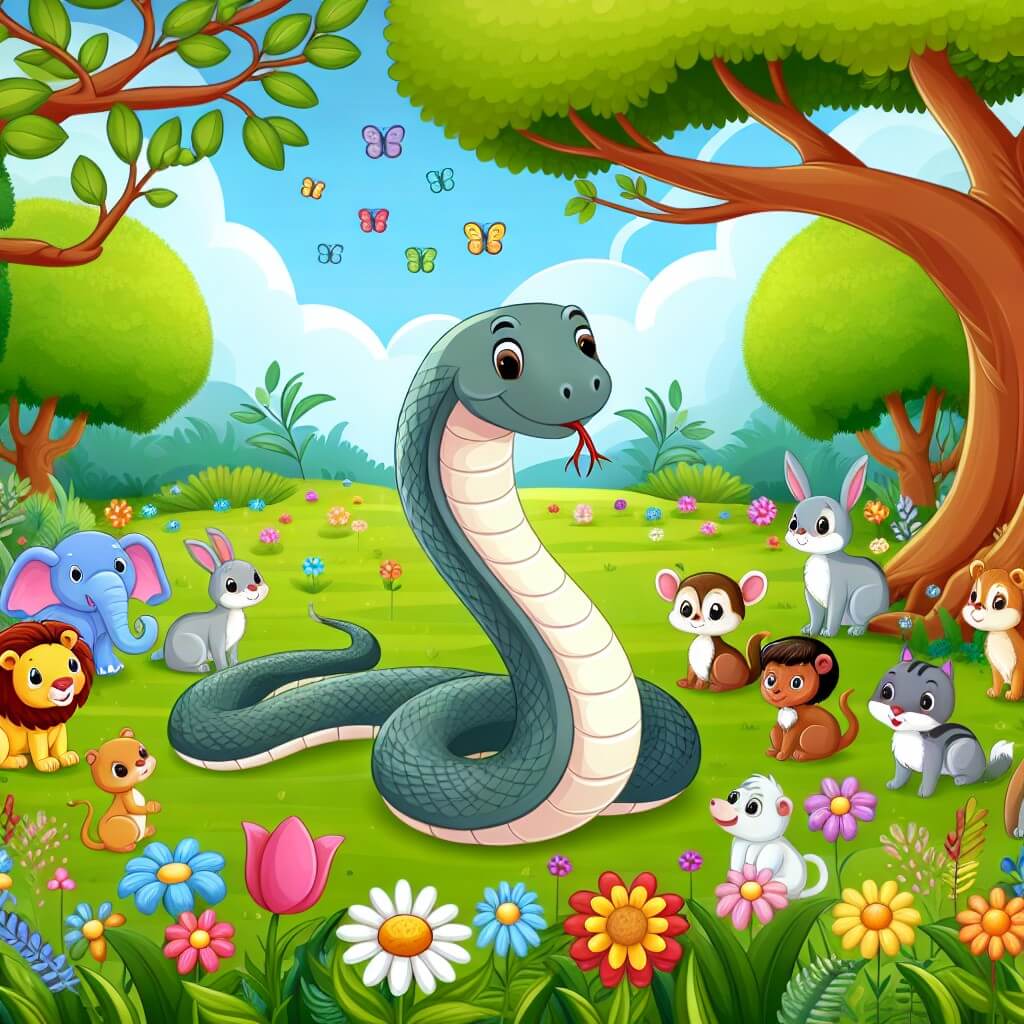 Une illustration destinée aux enfants représentant un serpent amical et curieux, entouré d'une variété d'animaux, dans un magnifique bosquet enchanté rempli de fleurs colorées et d'arbres majestueux.