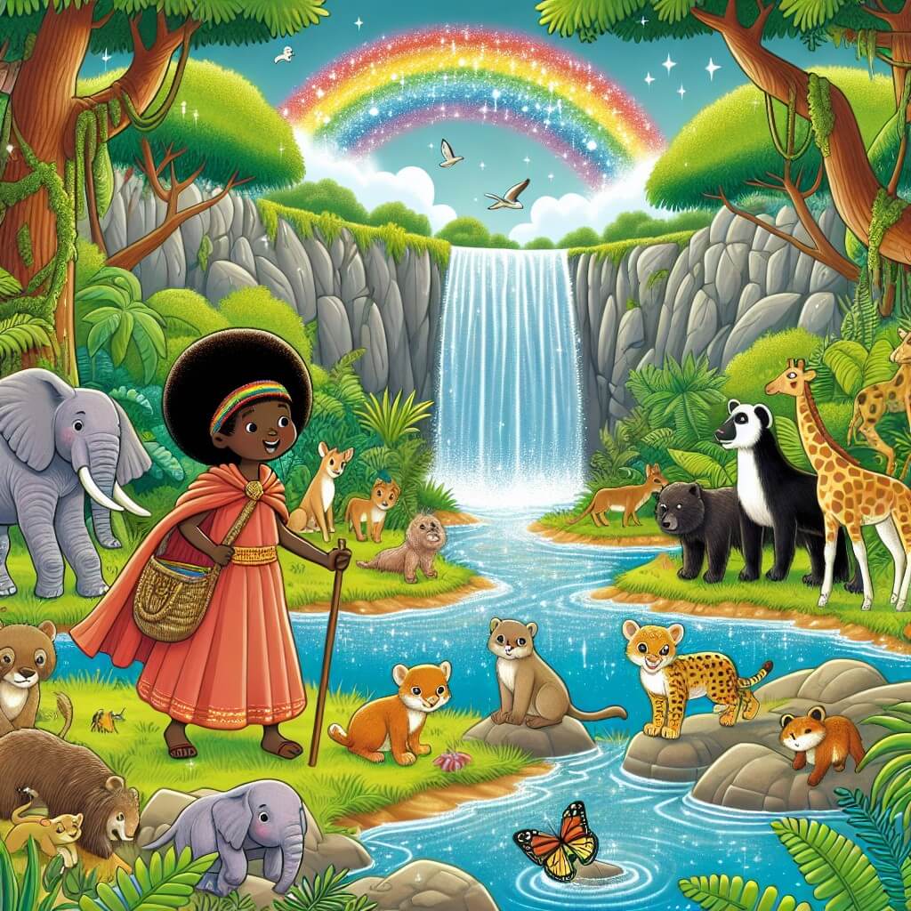Une illustration destinée aux enfants représentant une femme courageuse et sage, entourée d'animaux exotiques, découvrant un paradis caché au cœur de la luxuriante forêt africaine, où une cascade scintillante se déverse dans un étang aux reflets arc-en-ciel.