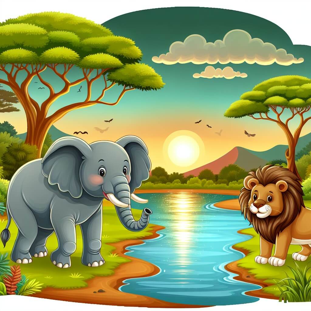 Une illustration destinée aux enfants représentant un majestueux éléphant dans la savane africaine, accompagné d'un courageux lion, se déroulant près d'un magnifique lac scintillant, avec en arrière-plan une dense forêt verdoyante.