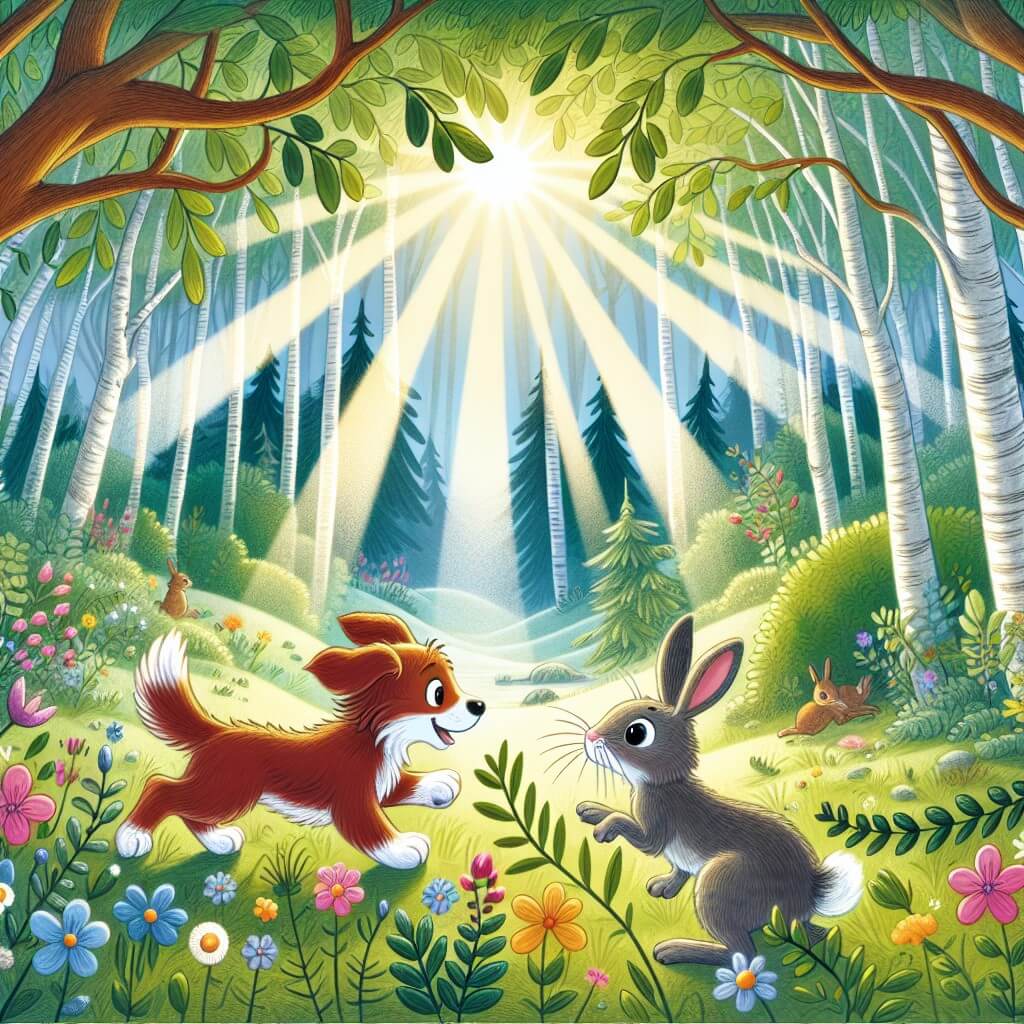 Une illustration destinée aux enfants représentant un adorable chien, intrépide et curieux, qui rencontre un petit lapin dans une clairière enchantée au cœur d'une forêt luxuriante, où les rayons du soleil filtrent à travers les branches et illuminent les fleurs colorées.