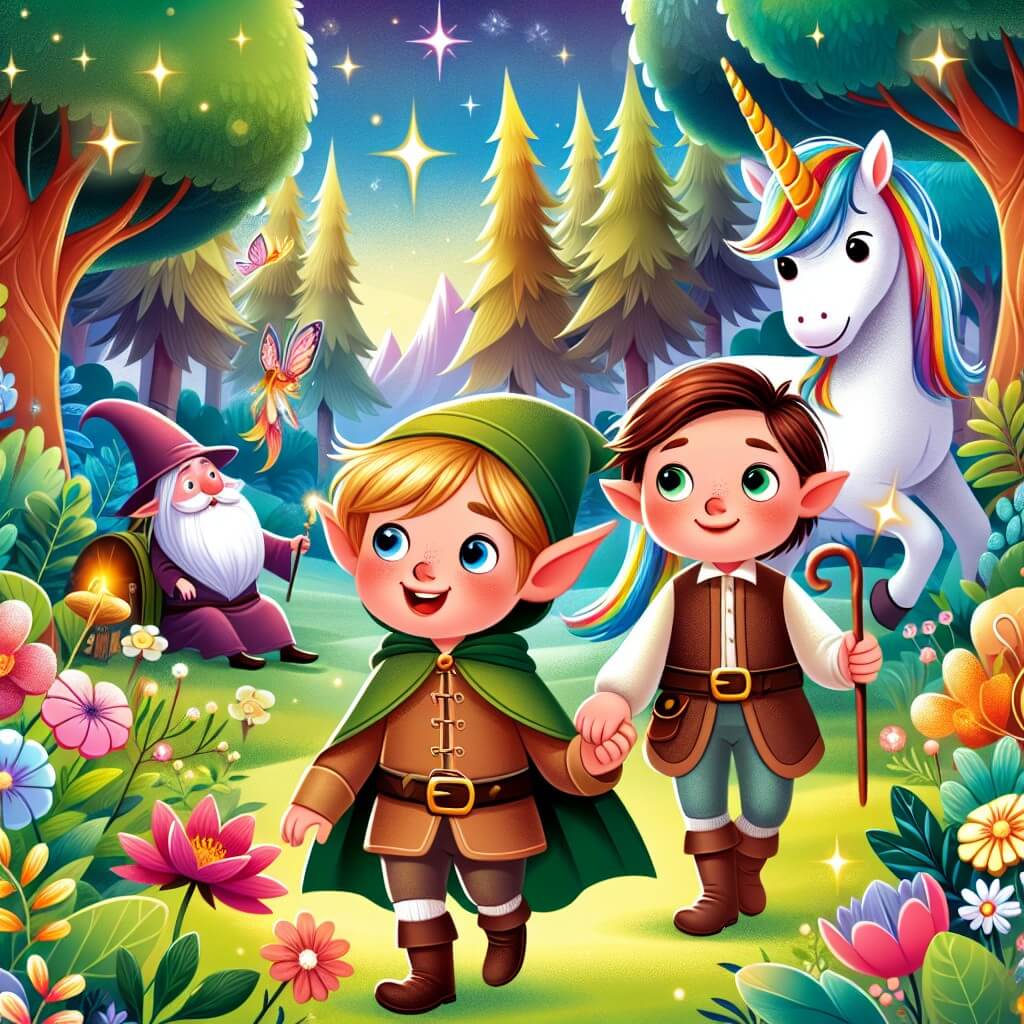 Une illustration destinée aux enfants représentant un jeune garçon intrépide, accompagné d'un elfe, dans une forêt enchantée remplie d'arbres majestueux, de fleurs lumineuses et de créatures magiques, prêt à partir à l'aventure pour sauver un magnifique unicorne des griffes d'un maléfique sorcier.