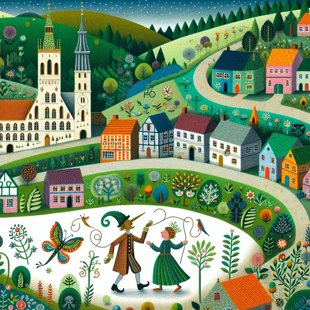 Une illustration destinée aux enfants représentant un jeune marionnettiste en bois, au nez qui s'allonge à chaque mensonge, se liant d'amitié avec une fée bienveillante, dans un village pittoresque entouré de collines verdoyantes et de maisons colorées, où les rues sont pavées de petites pierres brillantes.