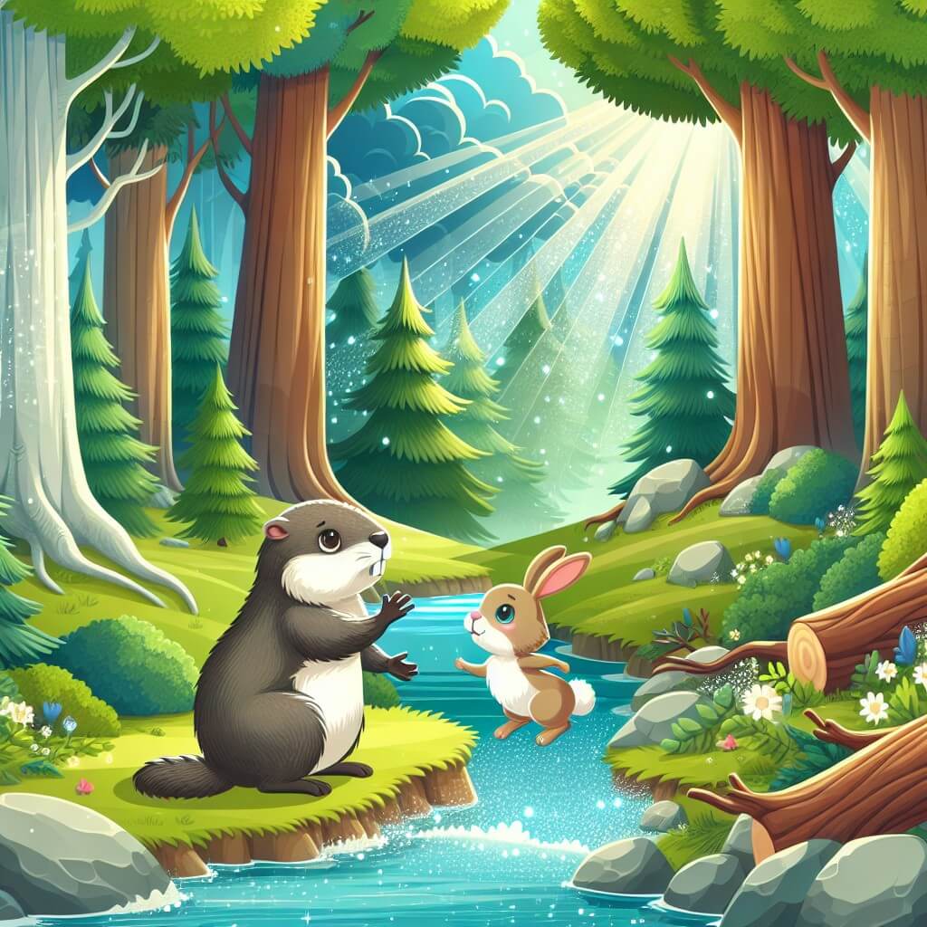Une illustration destinée aux enfants représentant une marmotte curieuse qui rencontre un coniglietto perdu dans une luxuriante forêt enchantée, où les arbres majestueux touchent le ciel et un scintillant ruisseau danse sous les rayons du soleil.