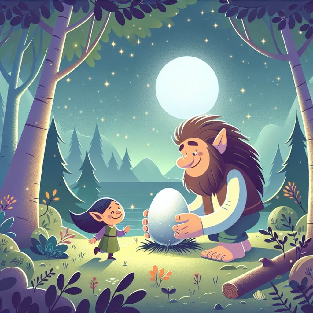 Une illustration destinée aux enfants représentant un adorable troll solitaire, découvrant un mystérieux œuf magique dans une forêt enchantée, avec l'aide d'un joyeux elfe, à l'orée d'une clairière baignée par la lueur douce de la lune.