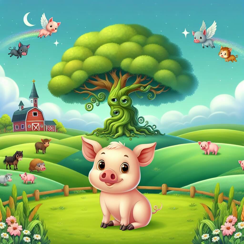 Une illustration destinée aux enfants représentant un adorable cochon curieux qui se trouve au milieu d'une magnifique ferme entourée de vastes champs verts, avec un mystérieux arbre magique comme personnage secondaire.