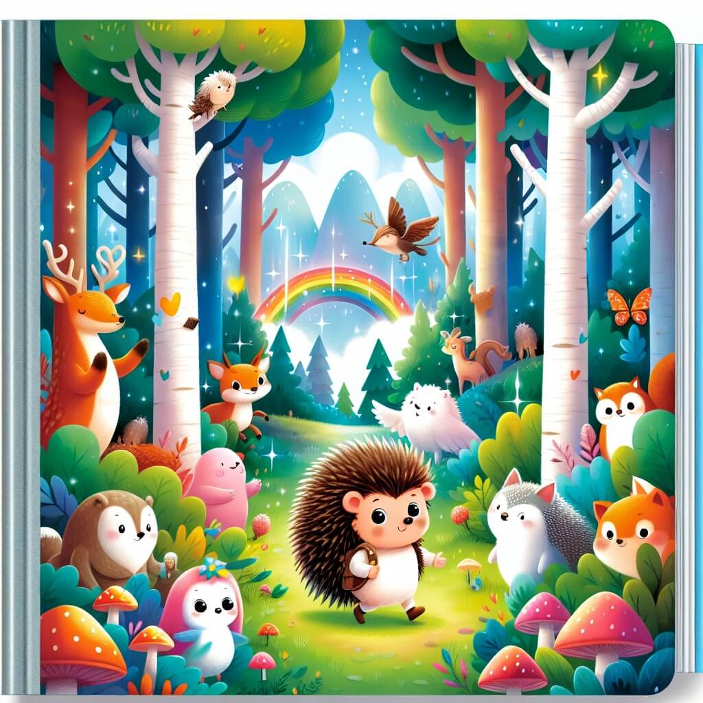 Une illustration destinée aux enfants représentant un petit hérisson courageux se trouvant dans une forêt enchantée, accompagné de ses amis animaux, tandis qu'ils découvrent un lieu magique rempli de couleurs vives, d'arbres majestueux et de créatures fantastiques.
