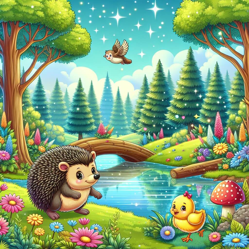 Une illustration destinée aux enfants représentant un hérisson curieux et aventurier, accompagné d'un petit poussin perdu, se trouvant au cœur d'une forêt enchantée avec de grands arbres majestueux, des fleurs colorées et un lac scintillant.