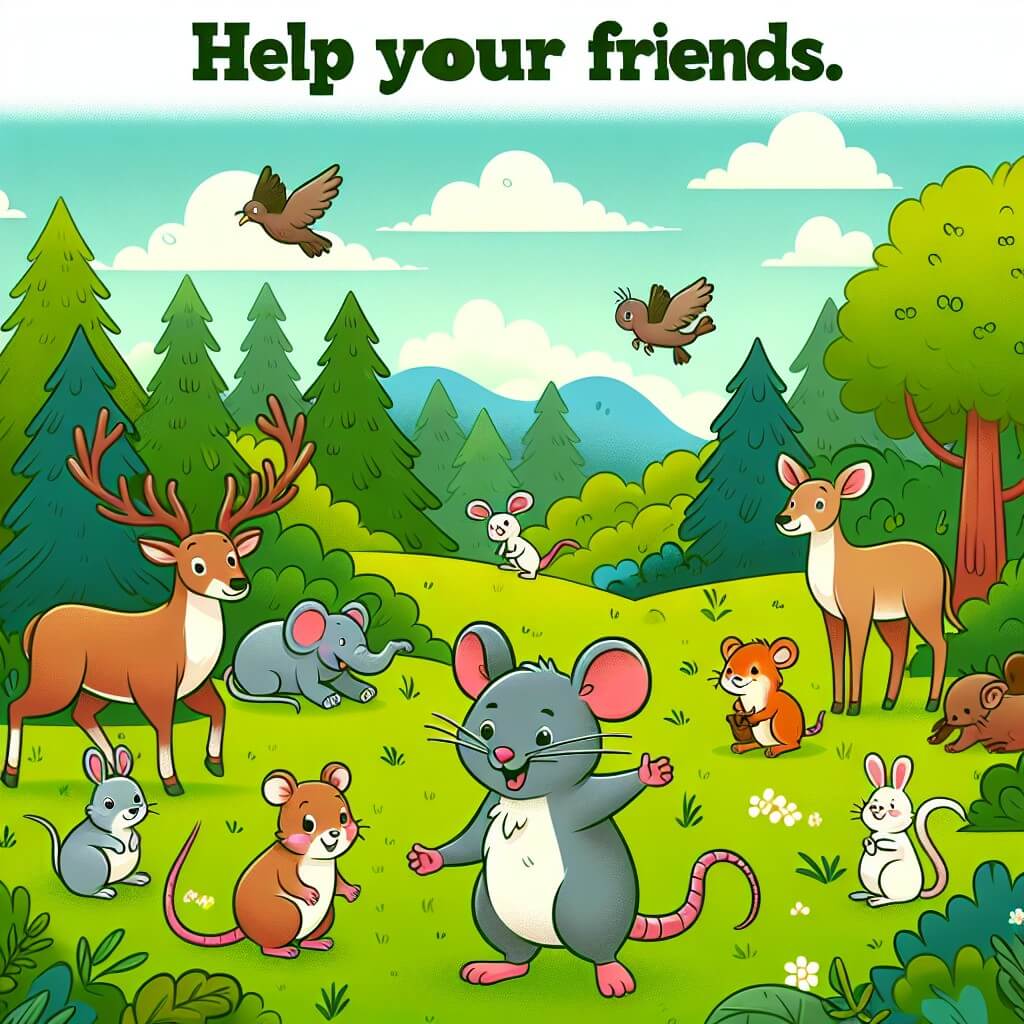 Une illustration destinée aux enfants représentant un petit rat malicieux, évoluant dans une campagne verdoyante, accompagné d'animaux de la forêt, dans une aventure où il aide ses amis en détresse.