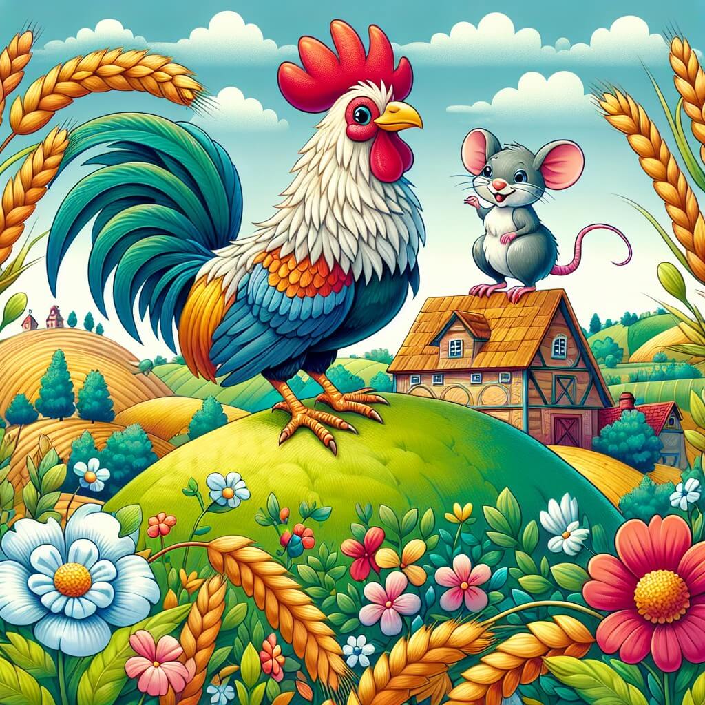 Une illustration destinée aux enfants représentant un fier coq aux plumes éclatantes, se tenant courageusement au sommet d'une colline verdoyante, accompagné d'un intrépide petit souris, dans un pittoresque village de ferme entouré de champs de blé doré et de fleurs colorées.