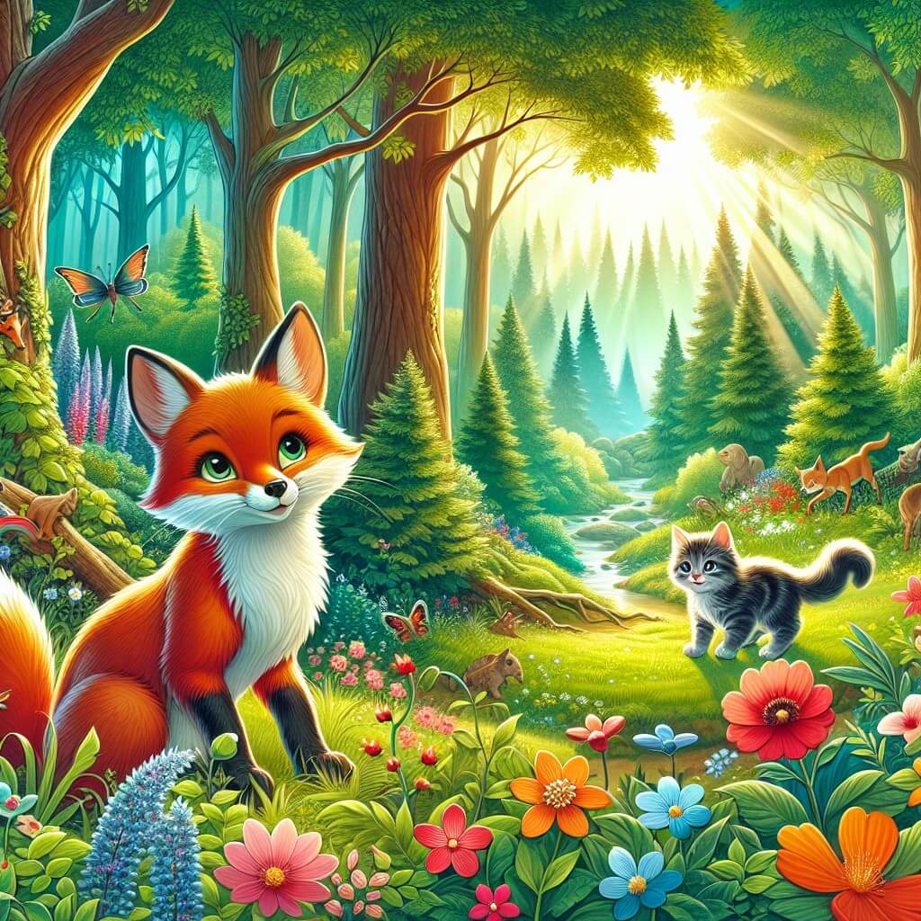 Une illustration destinée aux enfants représentant un renard rusé et curieux se trouvant dans une forêt enchantée, accompagné d'un adorable gattino perdu, tandis que les rayons du soleil filtrent à travers les arbres majestueux et les fleurs multicolores égayent le paysage.
