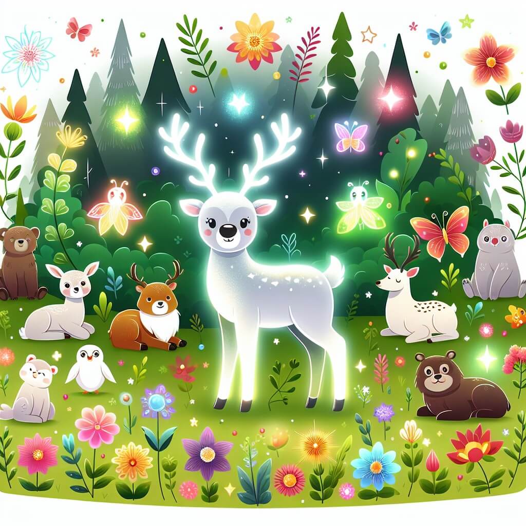 Une illustration destinée aux enfants représentant un renne au nez lumineux, entouré d'autres animaux de la forêt enchantée, dans une clairière verdoyante et chatoyante de fleurs multicolores.