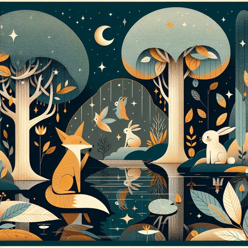 Une illustration destinée aux enfants représentant un renard curieux et aventureux, accompagné d'une petite lapine triste, explorant un magnifique bosquet enchanté avec des arbres aux feuilles chatoyantes et un lac miroitant entouré de créatures mystérieuses.