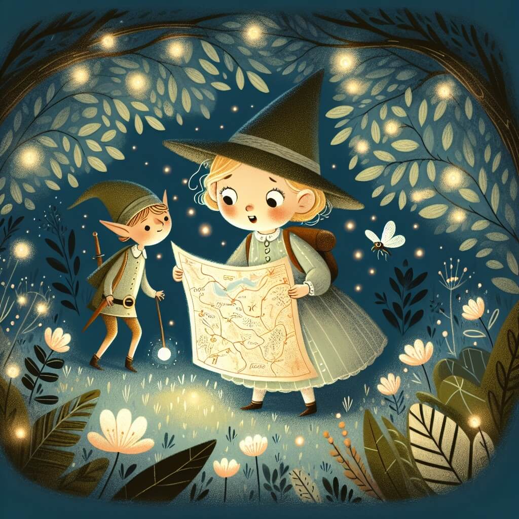 Une illustration destinée aux enfants représentant une petite fille intrépide, découvrant une carte mystérieuse dans son jardin, accompagnée d'un elfe sage, dans une radura incantata illuminée par des lucciole qui dansent dans l'air.