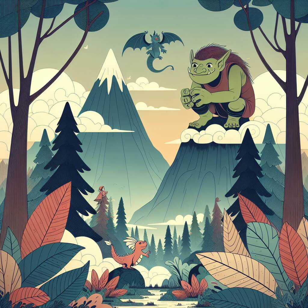Une illustration destinée aux enfants représentant un ogre solitaire, perché au sommet d'une montagne embrumée, découvrant un bébé dragon égaré dans une forêt enchantée.