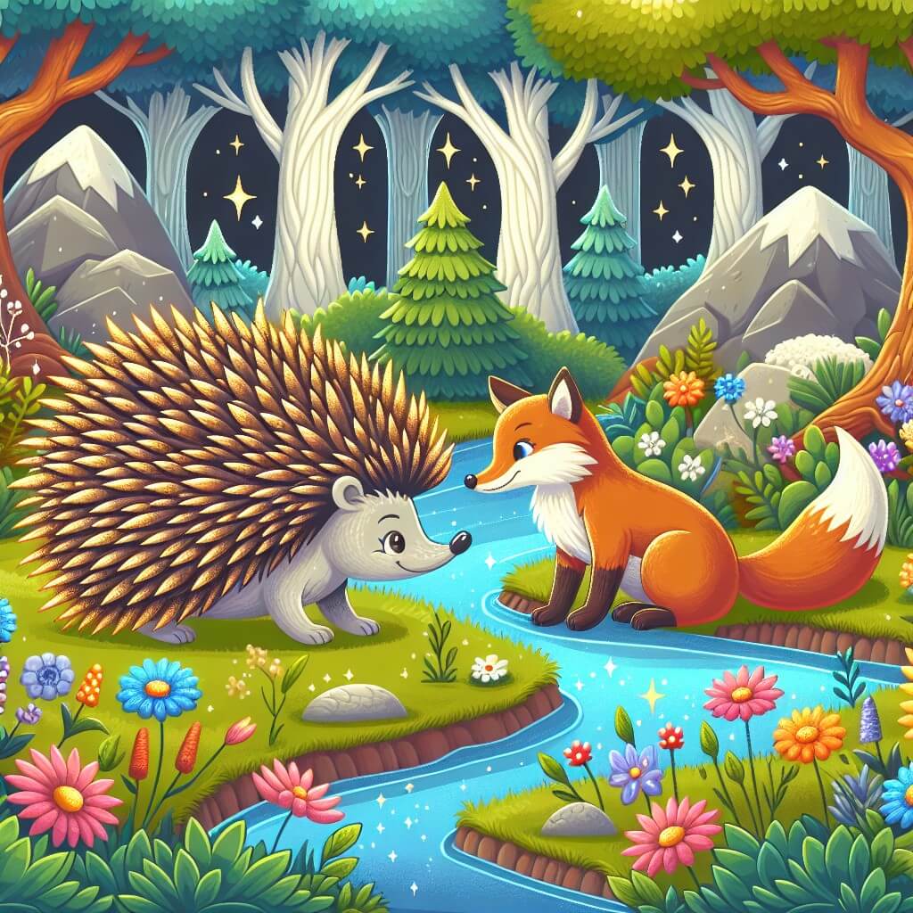 Une illustration destinée aux enfants représentant un hérisson aux épines dorées, faisant la rencontre d'une volpe, dans une forêt enchantée avec des arbres majestueux, des fleurs colorées et un ruisseau scintillant.