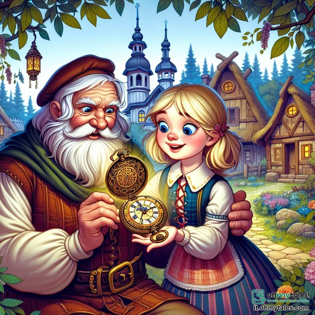 Une illustration destinée aux enfants représentant une jeune fille découvrant un mystérieux orologio da tasca dans un jardin enchanté, accompagnée d'un sage vieil homme, au milieu d'un village antico con case di legno e abiti strani.