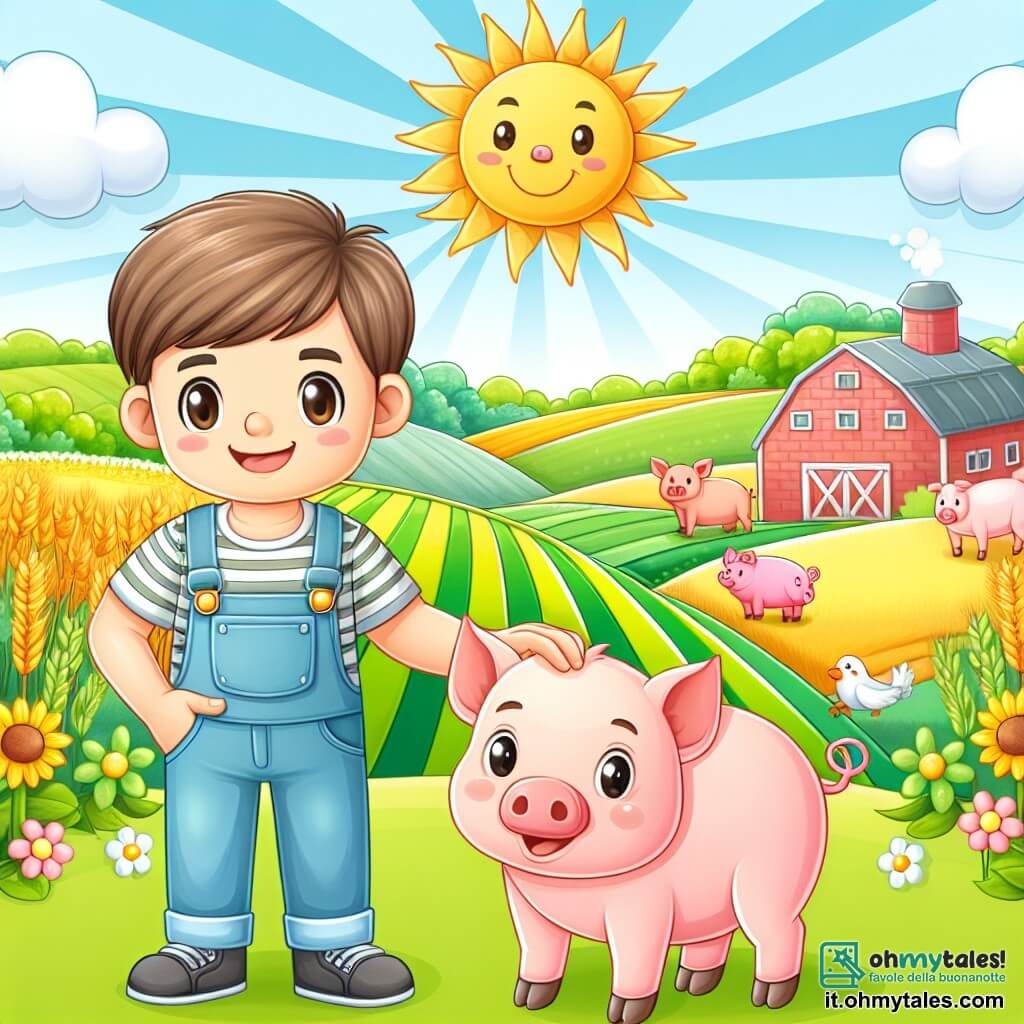 Une illustration destinée aux enfants représentant un homme souriant, vêtu d'une salopette, debout dans un champ ensoleillé, accompagné d'un mignon cochon rose, dans une ferme colorée avec des animaux joyeux et des champs verdoyants s'étendant à perte de vue.