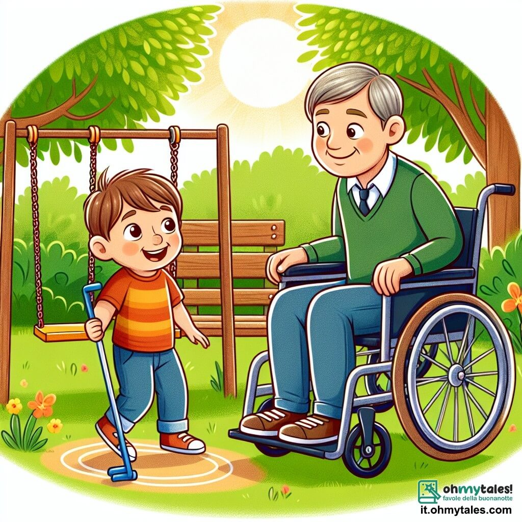 Une illustration destinée aux enfants représentant un petit garçon curieux et vivace, un garçon en chaise roulante un peu plus âgé, jouant au parc dans un lieu ensoleillé et verdoyant avec des balançoires colorées et des bancs en bois.