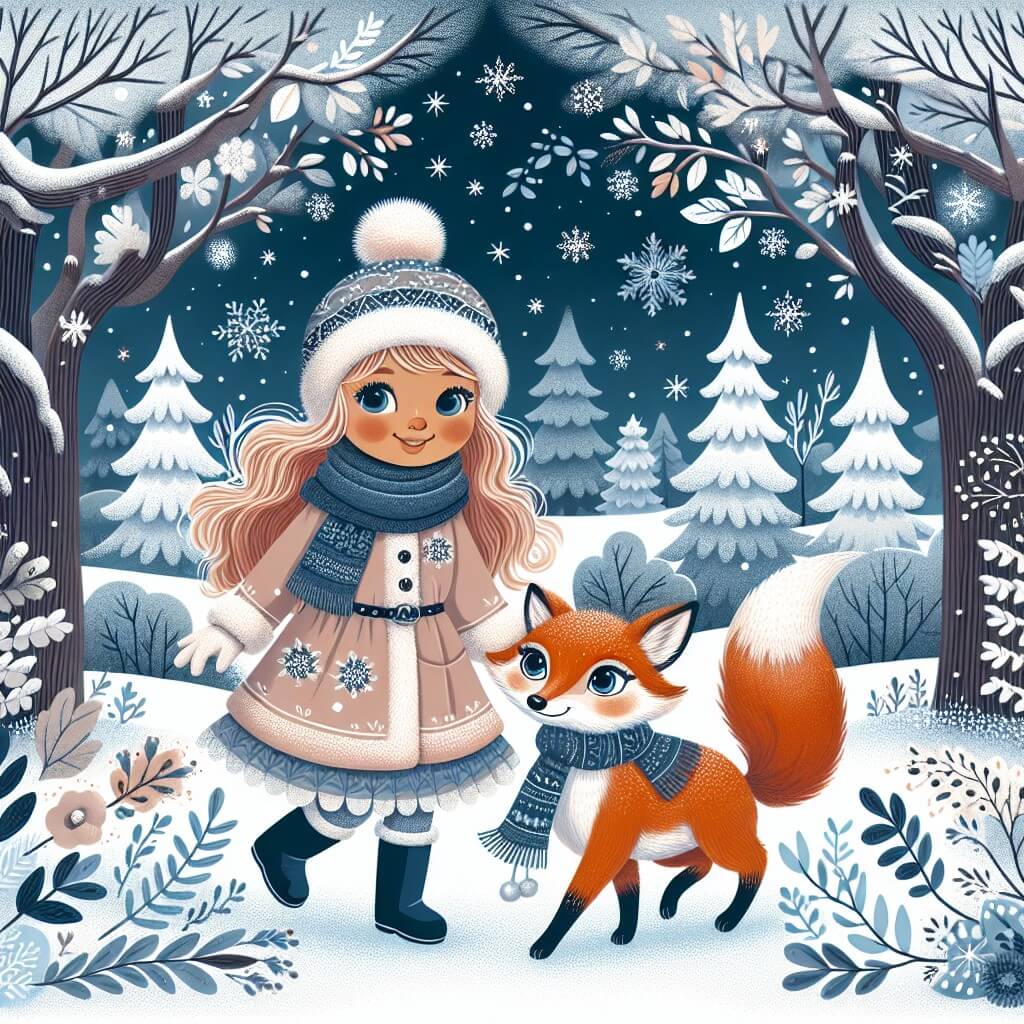 Une illustration destinée aux enfants représentant une jeune fille, vêtue de chaudes tenues hivernales, qui explore un magnifique bosquet enneigé avec son fidèle compagnon, un renard malicieux aux yeux étincelants, dans un paysage féerique où les arbres sont parés de branches givrées et les flocons de neige dansent doucement dans l'air glacial.