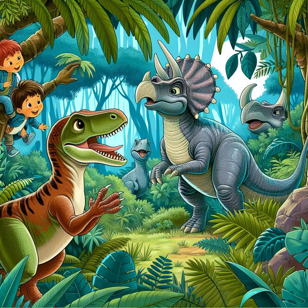 Une illustration destinée aux enfants représentant un vélociraptor curieux, entouré de dinosaures amis, à la recherche de la famille d'un triceratops, dans une luxuriante et mystérieuse jungle préhistorique.