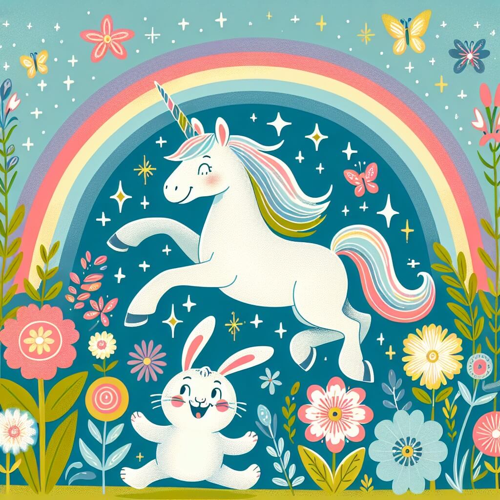 Une illustration destinée aux enfants représentant une licorne joyeuse et espiègle, accompagnée d'un petit lapin malicieux, dans un jardin enchanté rempli de fleurs multicolores, où ils s'amusent à sauter par-dessus des arcs-en-ciel étincelants.