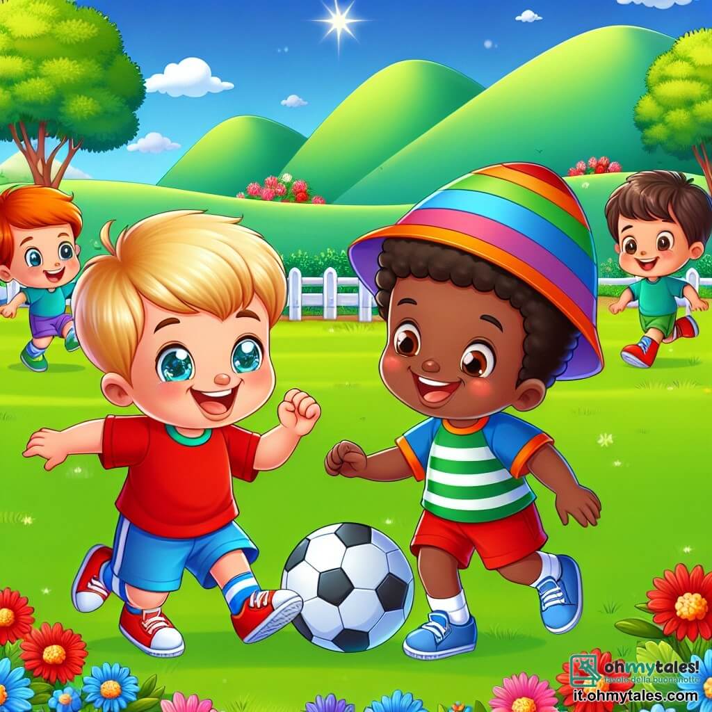 Une illustration sous forme de dessin destinée aux enfants représentant un parc ensoleillé avec des collines verdoyantes et des fleurs colorées, où un garçon de 7 ans aux cheveux blonds et aux yeux pétillants, vêtu d'un t-shirt rouge et d'un short bleu, joue au football avec un autre garçon de 7 ans à la peau foncée, portant un chapeau coloré, tandis qu'ils rient et s'encouragent, illustrant l'esprit d'amitié et de tolérance entre deux cultures différentes.