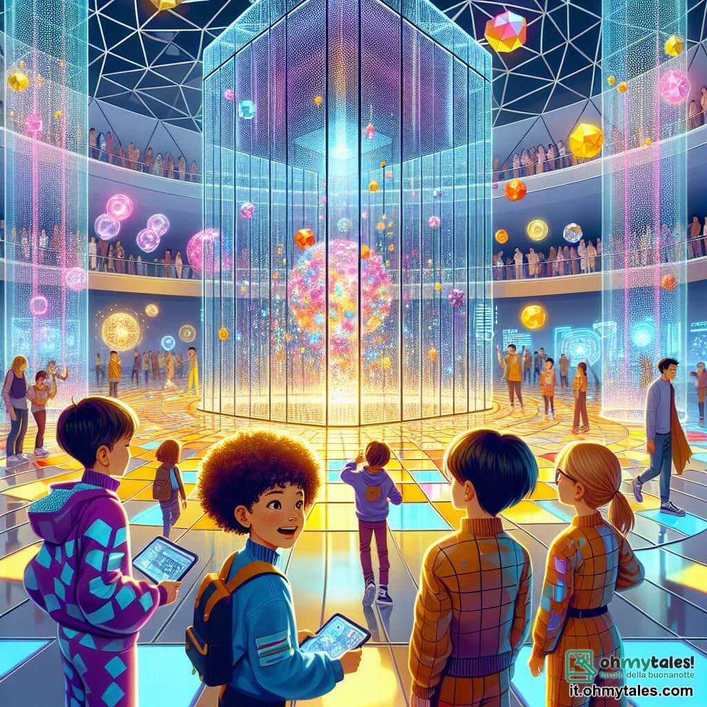 Illustrazione che rappresenta una scena vibrante all'interno dell'Accademia delle Idee, un immenso edificio futuristico con pareti in vetro intelligente, illuminato da ologrammi colorati che fluttuano nell'aria. Il pavimento è coperto da lastre lucenti che cambiano colore sotto i passi dei visitatori. Al centro della stanza, una grande struttura circolare pulsante di energia attira l'attenzione. Quattro giovani esploratrici sono in primo piano: due ragazze con capelli ricci, una con ciocche viola e l'altra con riflessi dorati, entrambe di circa undici anni. Indossano tute futuristiche con motivi geometrici. Un'altra ragazza, con capelli lisci e neri, osserva con meraviglia, mentre un ragazzo con capelli corti e castani, con occhiali tondi, prende appunti su un tablet flottante. La scena principale mostra i bambini che scoprono il Simulatore di Realtà Potenziata, affascinati dagli ologrammi che danzano intorno a loro, rappresentando mondi immaginari. Cristalli scintillanti e robot assistenti si muovono sullo sfondo, aggiungendo un tocco di magia all'atmosfera. L'espressione sui loro volti riflette eccitazione e curiosità, mentre si preparano a immergersi in un'avventura straordinaria.