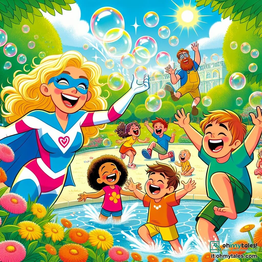 Illustrazione che rappresenta un parco soleggiato, pieno di fiori colorati e alberi dalle foglie verdi. Al centro, una donna dai capelli ricci e dorati, vestita con un costume da supereroe blu e rosa, sorride gioiosamente mentre crea enormi bolle di sapone che fluttuano nell'aria. Accanto a lei, un gruppo di bambini di circa 6-8 anni, con volti radiosi, saltano e ridono cercando di acchiappare le bolle. Tra loro, un ragazzo con capelli castani e una ragazza con capelli rossi, entrambi in t-shirt colorate, si divertono a fare smorfie. Sullo sfondo, due personaggi comici, uomini maldestri con pantaloni gialli e occhiali troppo grandi, cadono in una piscina, schizzando acqua e provocando ancora più risate. Bolle di sapone scintillanti e scoppi di risa riempiono l'aria, creando un'atmosfera gioiosa e ludica.