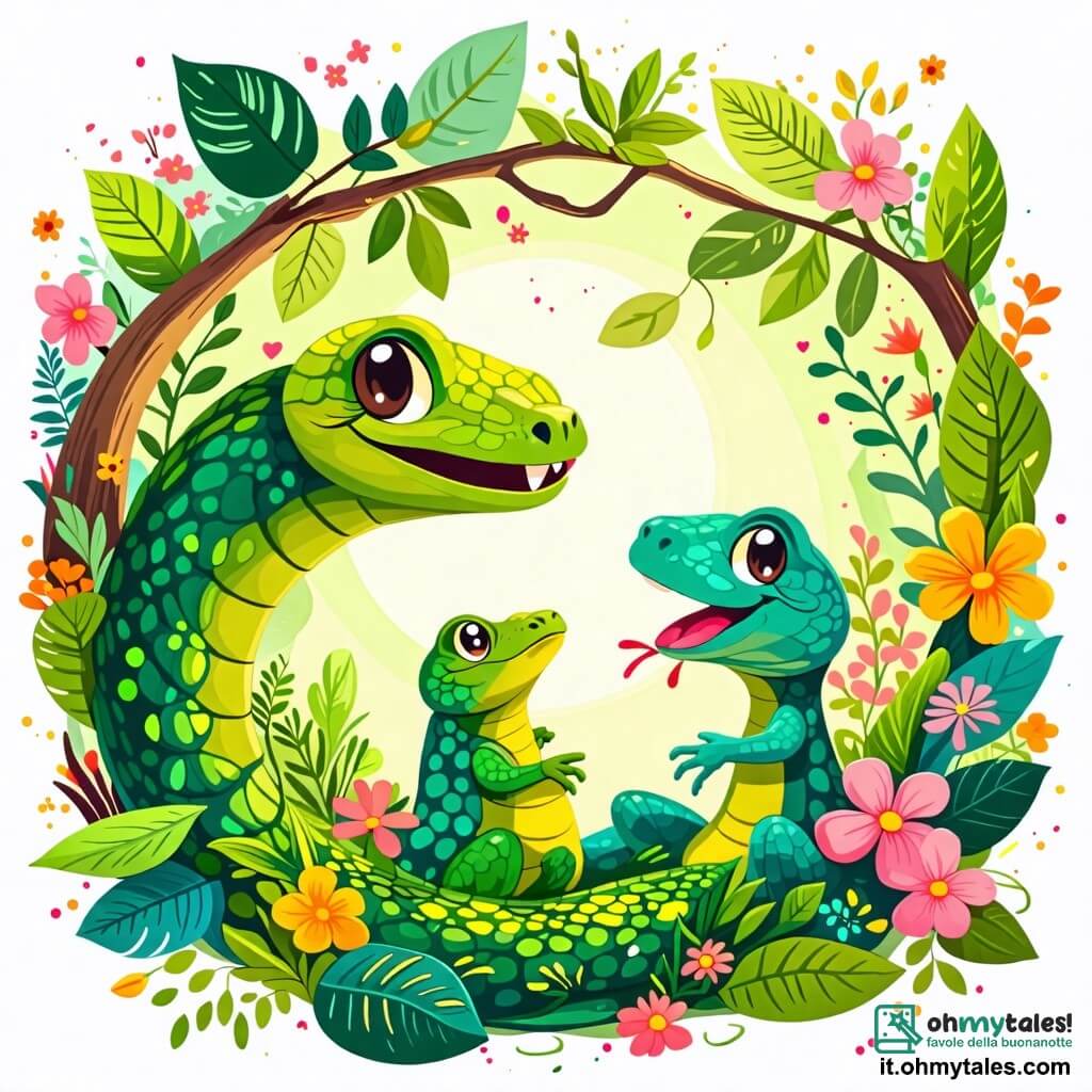 Une illustration sous forme de dessin destinée aux enfants représentant une forêt verdoyante, avec un serpent aux écailles brillantes et vertes qui s'enroule joyeusement autour d'une branche, tandis qu'une petite lucertole verte, assise sous une feuille, regarde le serpent avec un sourire émerveillé, illustrant un moment de partage et d'amitié où le serpent encourage la lucertole à aimer son propre couleur, entourés de fleurs colorées et de rayons de soleil filtrant à travers les arbres.