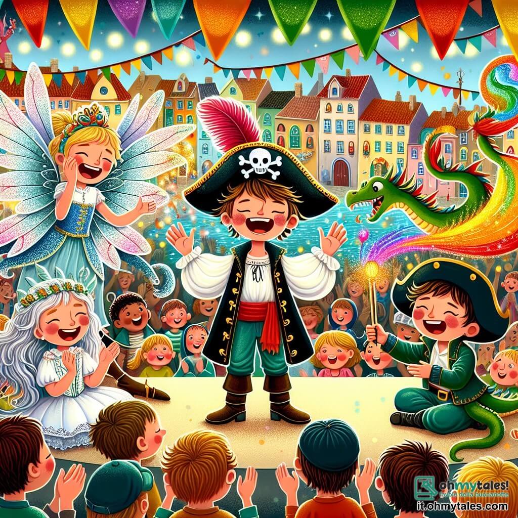 Une illustration sous forme de dessin destinée aux enfants représentant une scène vibrante du carnaval dans une petite ville colorée, avec des banderoles flottantes et des ballons en arrière-plan, où un garçon de 10 ans, vêtu d'un costume de pirate avec une chemise blanche et un chapeau noir orné d'une plume rouge, se tient au centre, souriant et racontant une histoire, entouré de deux amis : une fille aux cheveux argentés et aux ailes scintillantes, qui vole joyeusement autour de lui, et un petit garçon déguisé en dragon, crachant de petites flammes colorées, tandis qu'une foule enthousiaste applaudit et rit, créant une atmosphère de magie et de joie.
